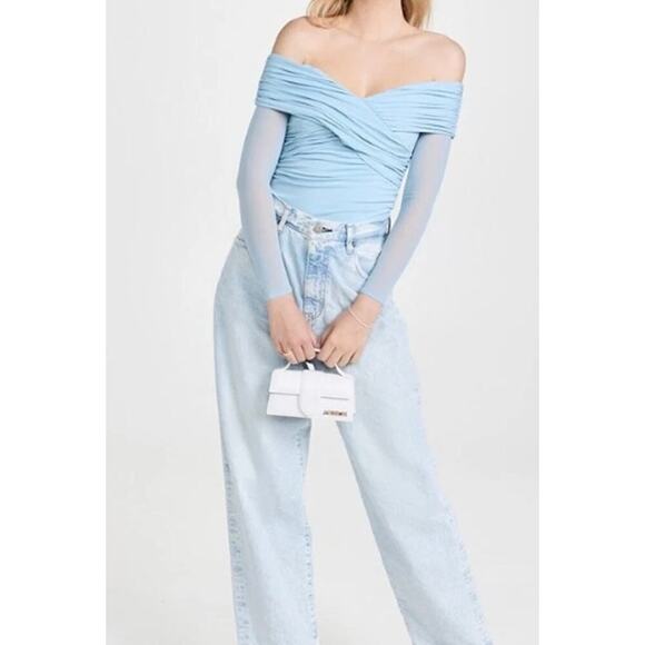 Self Portrait Blue Off The Shoulder Cold Shoulder Sheer Sleeve Top Size 6 - Picture 1 of 10
